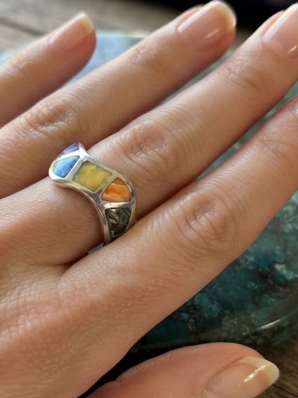 Sterling silver multi-gemstone inlay ring